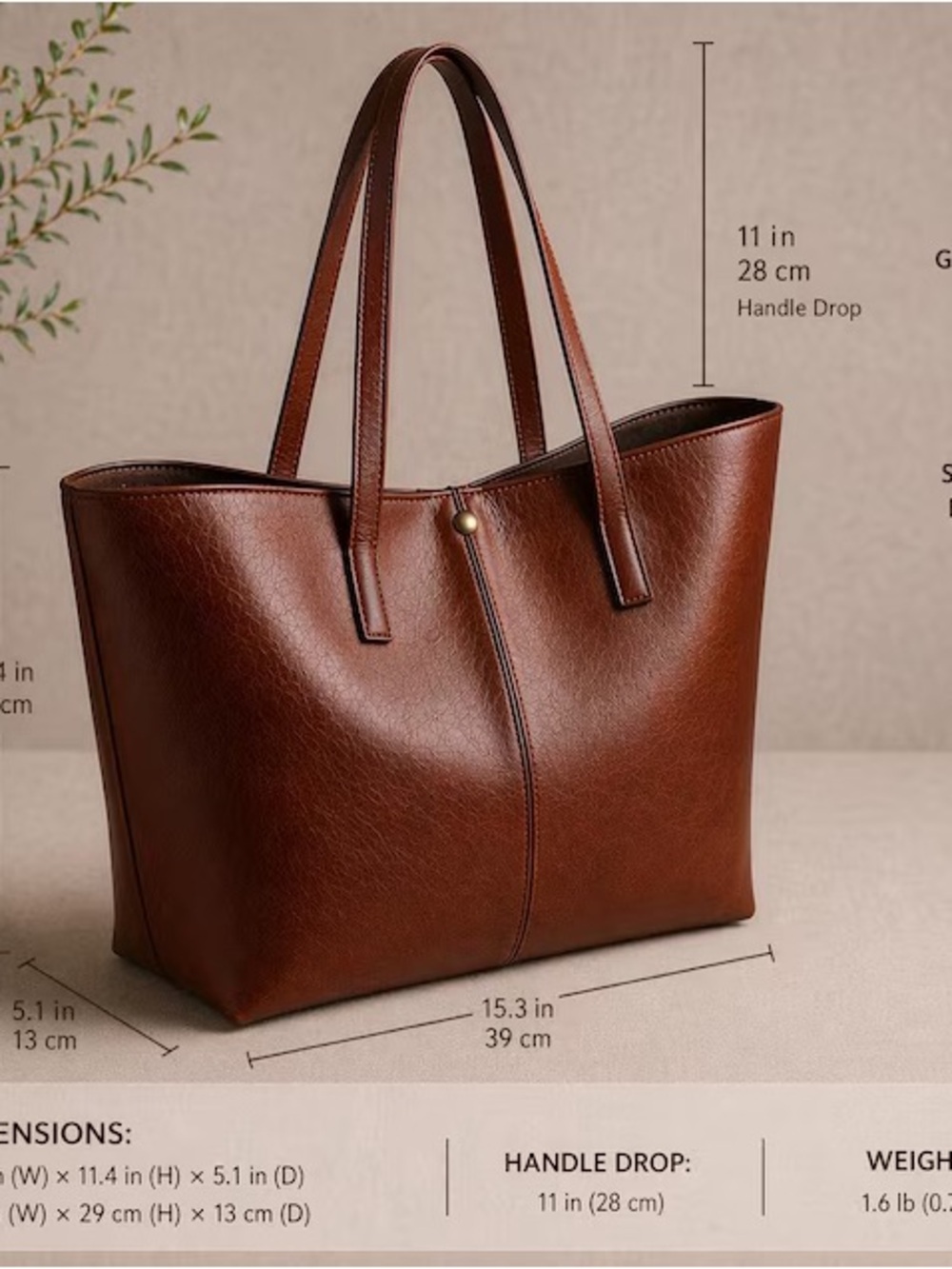 Everyday Brown Leather Tote with Double Straps - Picture 7 of 7